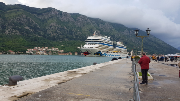Die AidaBlu legt am Hafen von Kotor an