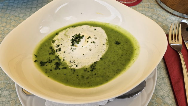 Ein Teller mit einer grünlichen Flüssigkeit - das ist Bärlauch-Kartoffelcremesuppe
